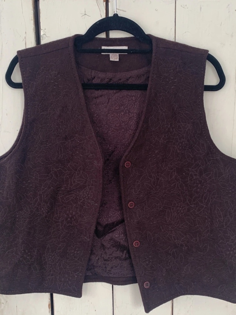 Vintage KARAVAN Womens L Vest Embroidered Wool, Satin lined Brown
